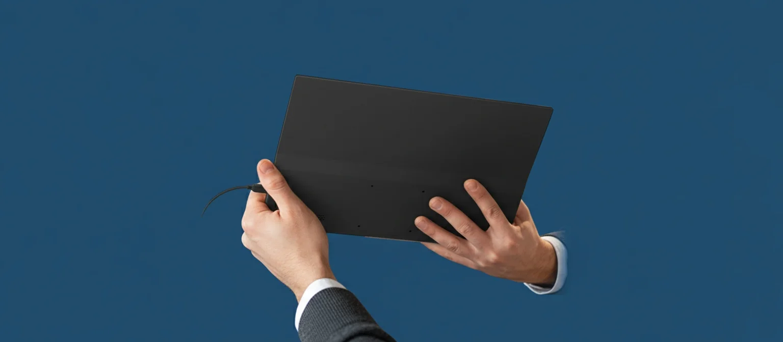 Slim portable monitor held in two hands, the kind of screen you can carry to a mate's house