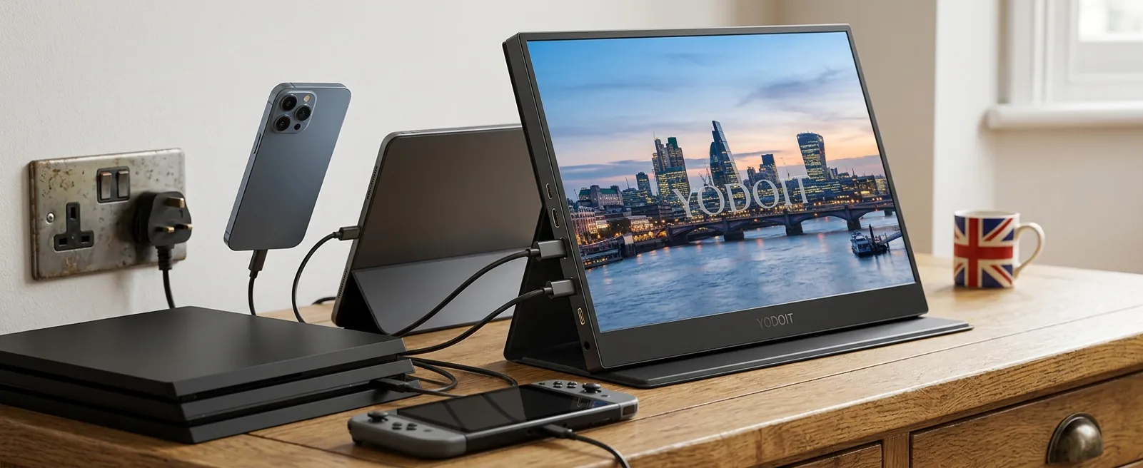 Yodoit 14 inch Full HD portable monitor standing on a desk with its magnetic cover