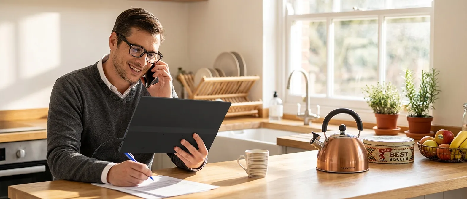 Laptop and portable monitor sharing a kitchen table workspace