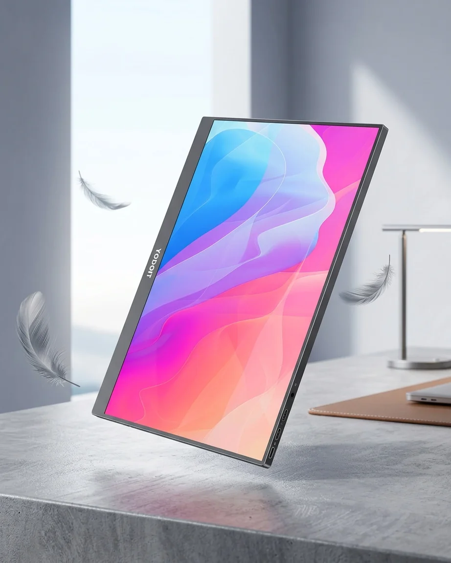 Portable monitor on a folding stand photographed in a studio