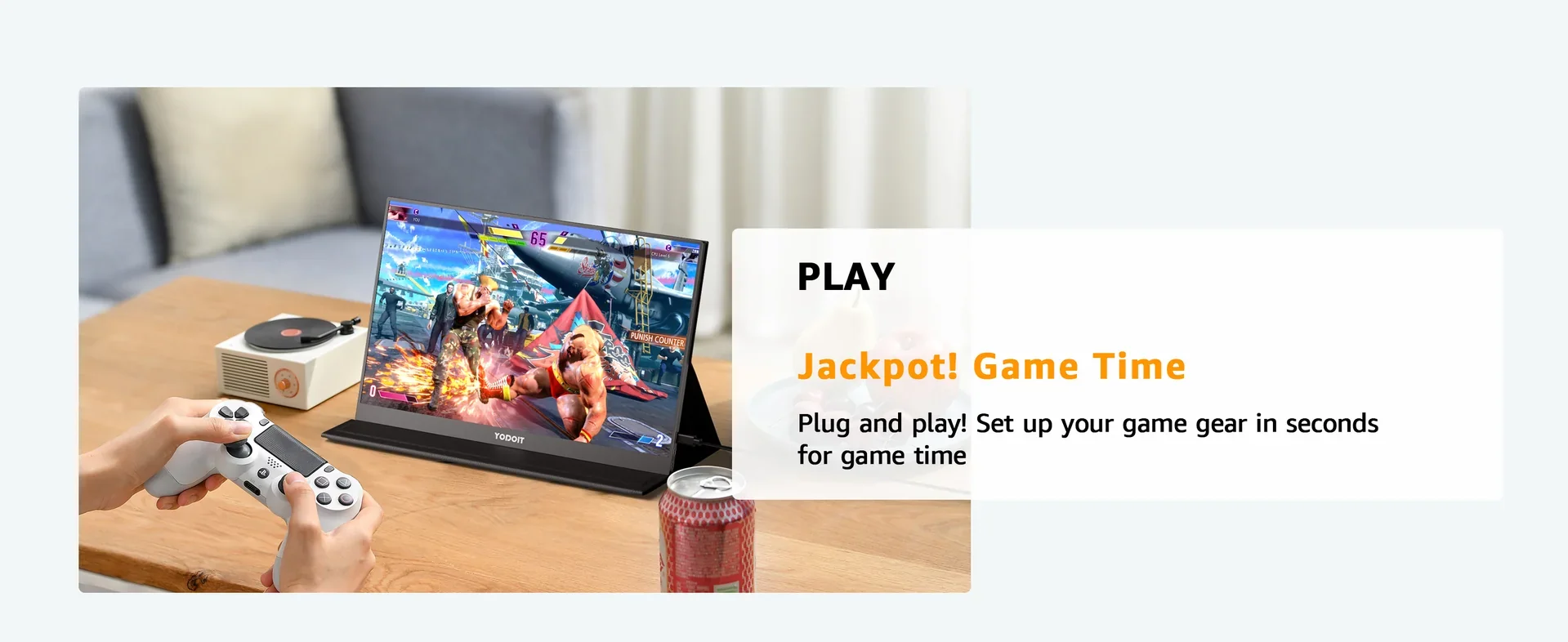 YODOIT portable screen in a bright living room gaming setup